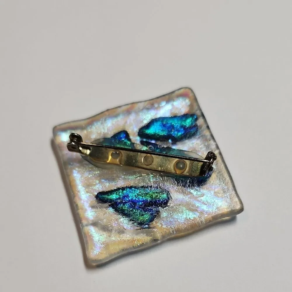 Iridescent Dichroic Glass Brooch with Blue and Gold Accents